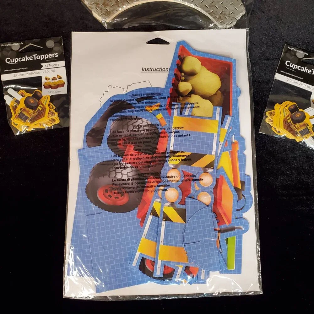 NWT Construction Birthday Party Supplies Centerpiece Cupcake Toppers Wrappers